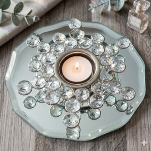 Silver Crystal Snowflake Tea Light Holder & Mirrored Base Winter Glam Home Decor